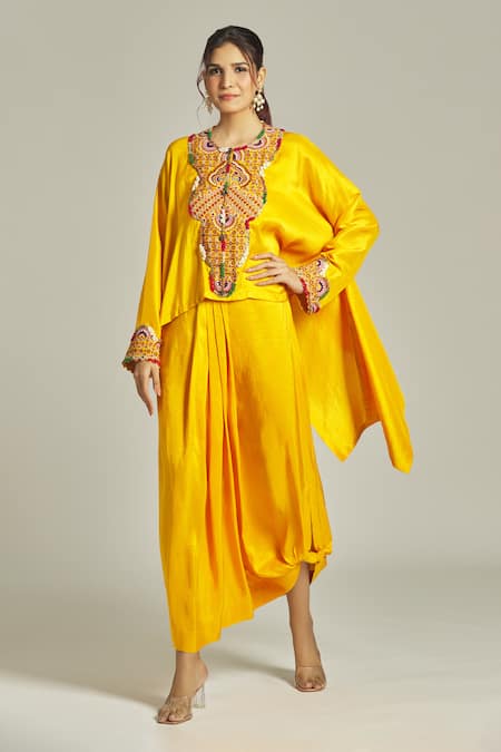 Anamika Khanna Yellow Silk Embroidered Thread Round Neck Yoke Kurta And Skirt Set 