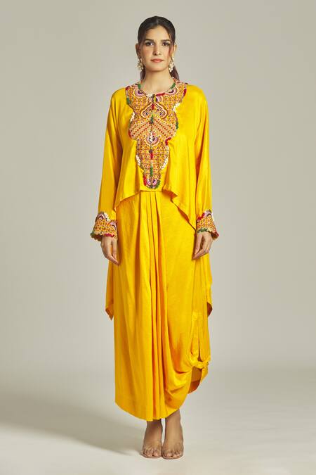 Anamika Khanna Yellow Silk Sequins, Beads, Embroidery Round Neck Yoke Kurta And Skirt Set Online at Aza Fashions Anamika Khanna_Yellow Silk Sequins, Beads, Embroidery Round Neck Yoke Kurta And Skirt Set_Online_at_Aza_Fashions