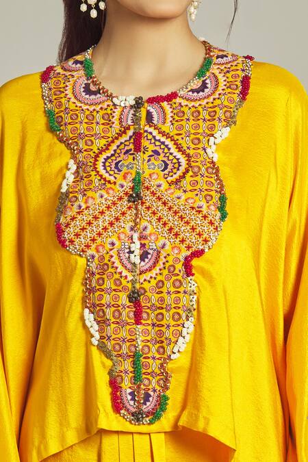 Shop Anamika Khanna Yellow Silk Sequins, Beads, Embroidery Round Neck Yoke Kurta And Skirt Set Online at Aza Fashions Shop_Anamika Khanna_Yellow Silk Sequins, Beads, Embroidery Round Neck Yoke Kurta And Skirt Set_Online_at_Aza_Fashions