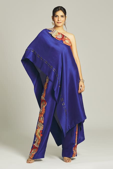 Anamika Khanna Blue Silk Embroidered Applique One Shoulder Neck Top And Pant Set 