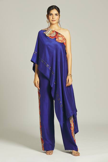 Anamika Khanna_Blue Silk Sequins, Embroidery One Shoulder Top And Pant Set_Online_at_Aza_Fashions