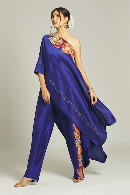 Buy_Anamika Khanna_Blue Silk Sequins, Embroidery One Shoulder Top And Pant Set_Online_at_Aza_Fashions