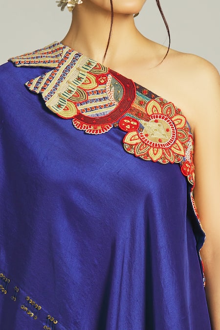 Shop_Anamika Khanna_Blue Silk Sequins, Embroidery One Shoulder Top And Pant Set_Online_at_Aza_Fashions