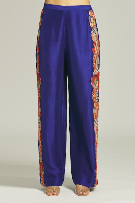 Anamika Khanna_Blue Silk Sequins, Embroidery One Shoulder Top And Pant Set_at_Aza_Fashions