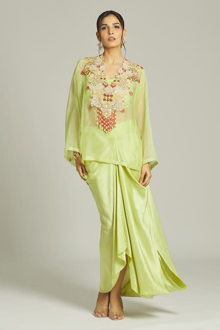 Buy_Anamika Khanna_Green Silk, Organza Sequins, Embroidery, Thread Yoke Kurta Draped Skirt Set_Online_at_Aza_Fashions