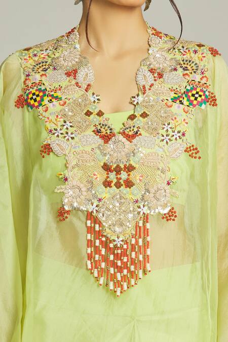 Shop_Anamika Khanna_Green Silk, Organza Sequins, Embroidery, Thread Yoke Kurta Draped Skirt Set_Online_at_Aza_Fashions