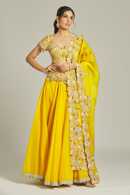 Anamika Khanna Yellow Silk Embroidered Thread Broad V Neck Floral Blouse Lehenga Set 