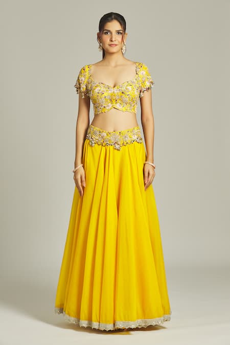 Anamika Khanna Yellow Silk Sequins, Pearls V-neck Floral Embroidered Blouse Lehenga Set Online at Aza Fashions Anamika Khanna_Yellow Silk Sequins, Pearls V-neck Floral Embroidered Blouse Lehenga Set_Online_at_Aza_Fashions
