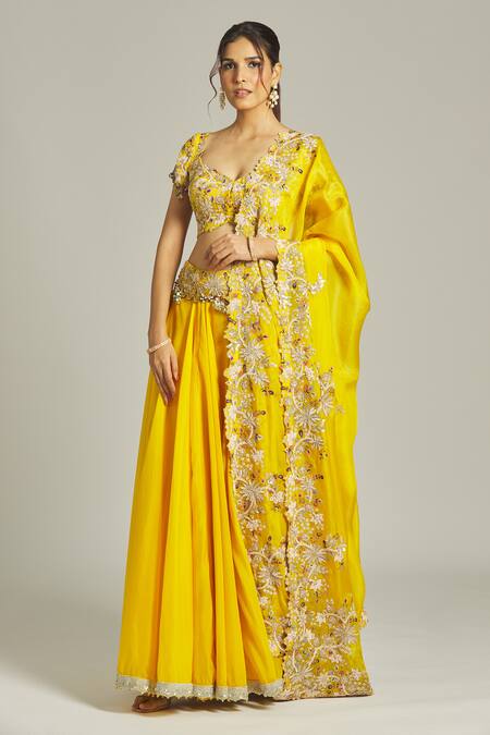 Buy Anamika Khanna Yellow Silk Sequins, Pearls V-neck Floral Embroidered Blouse Lehenga Set Online at Aza Fashions Buy_Anamika Khanna_Yellow Silk Sequins, Pearls V-neck Floral Embroidered Blouse Lehenga Set_Online_at_Aza_Fashions