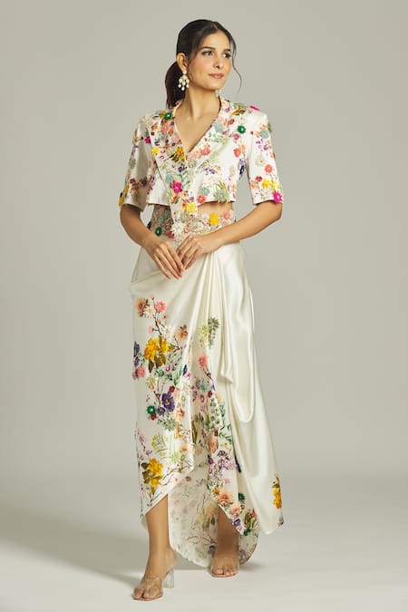 Anamika Khanna Floral Printed Jacket & Draped Skirt Set 