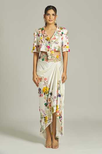 Anamika Khanna_White Silk Embroidery Asymmetric Floral Printed Jacket And Draped Skirt Set _Online_at_Aza_Fashions