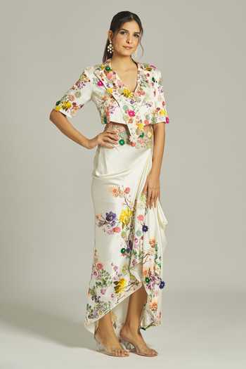 Buy_Anamika Khanna_White Silk Embroidery Asymmetric Floral Printed Jacket And Draped Skirt Set _Online_at_Aza_Fashions