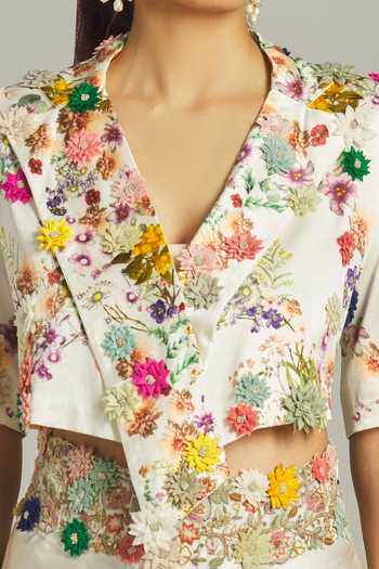 Shop_Anamika Khanna_White Silk Embroidery Asymmetric Floral Printed Jacket And Draped Skirt Set _Online_at_Aza_Fashions