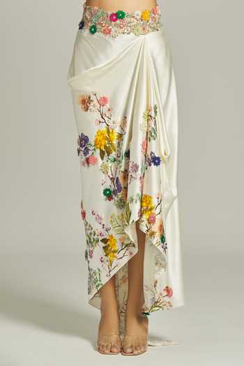 Anamika Khanna_White Silk Embroidery Asymmetric Floral Printed Jacket And Draped Skirt Set _at_Aza_Fashions
