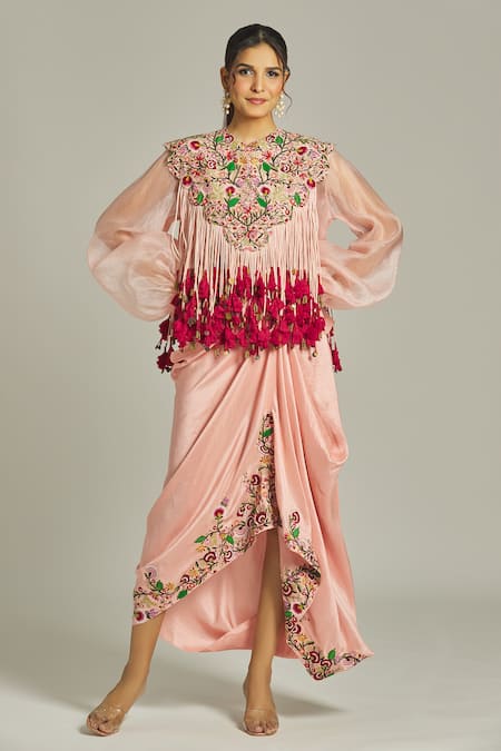 Anamika Khanna Floral Embroidered Overlay Draped Skirt Set 