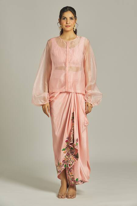 Buy_Anamika Khanna_Pink Silk Sequins, Beads, Tassels Floral Embroidered Overlay Draped Skirt Set_Online_at_Aza_Fashions