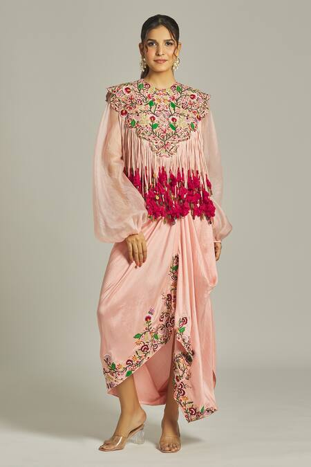 Shop_Anamika Khanna_Pink Silk Sequins, Beads, Tassels Floral Embroidered Overlay Draped Skirt Set_Online_at_Aza_Fashions