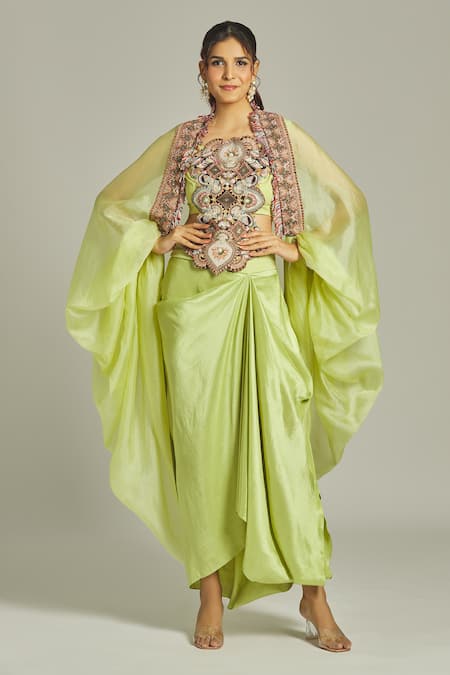 Anamika Khanna Green Organza Embroidered Thread Cape Open Work Draped Skirt Set 