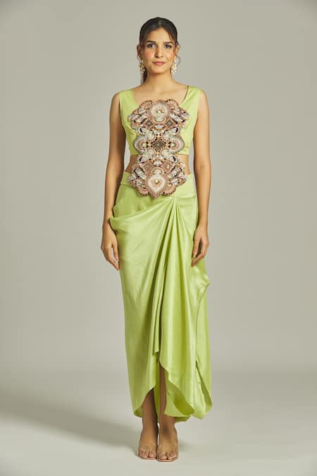 Anamika Khanna Green Silk, Organza Sequins, Beads Round Neck Thread Work Cape Draped Skirt Set Online at Aza Fashions Anamika Khanna_Green Silk, Organza Sequins, Beads Round Neck Thread Work Cape Draped Skirt Set _Online_at_Aza_Fashions