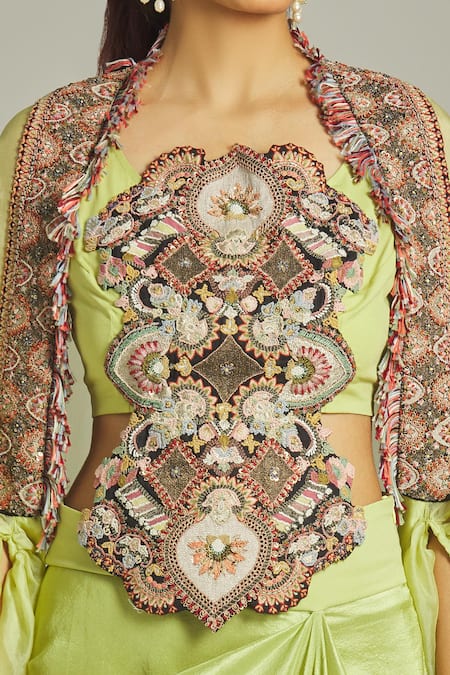 Buy Anamika Khanna Green Silk, Organza Sequins, Beads Round Neck Thread Work Cape Draped Skirt Set Online at Aza Fashions Buy_Anamika Khanna_Green Silk, Organza Sequins, Beads Round Neck Thread Work Cape Draped Skirt Set _Online_at_Aza_Fashions