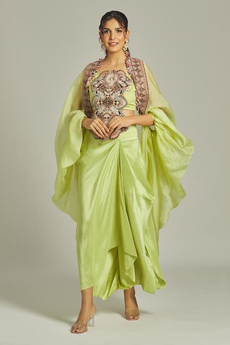 Shop Anamika Khanna Green Silk, Organza Sequins, Beads Round Neck Thread Work Cape Draped Skirt Set Online at Aza Fashions Shop_Anamika Khanna_Green Silk, Organza Sequins, Beads Round Neck Thread Work Cape Draped Skirt Set _Online_at_Aza_Fashions