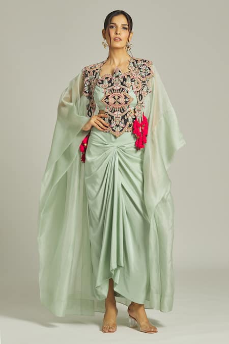 Anamika Khanna Green Organza Embroidered Thread Cape Open Bead Work Draped Skirt Set 