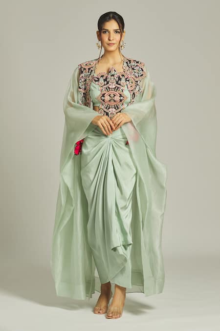 Buy_Anamika Khanna_Green Silk, Organza Sequins, Beads Round Neck Work Cape Draped Skirt Set_Online_at_Aza_Fashions