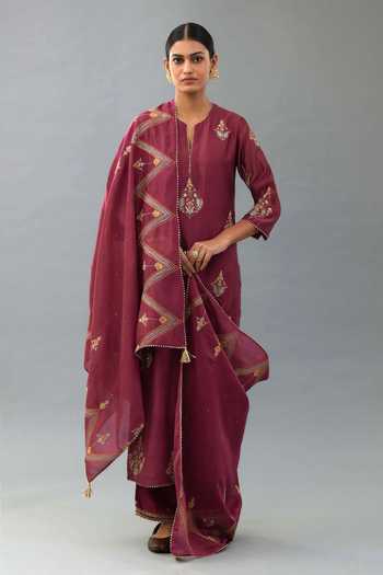 Kora_Wine Silk, Chanderi Sequins, Zari, Embroidery, Tassels Round Thread Kurta Set _at_Aza_Fashions