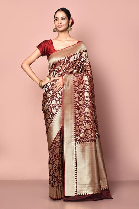 Nazaakat by Samara Singh Maroon Saree Banarasi Silk Woven Floral Jaal Work With Running Blouse