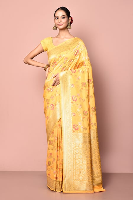 Nazaakat by Samara Singh Yellow Saree Banarasi Silk Minedar Woven Floral Zari Work With Running Blouse