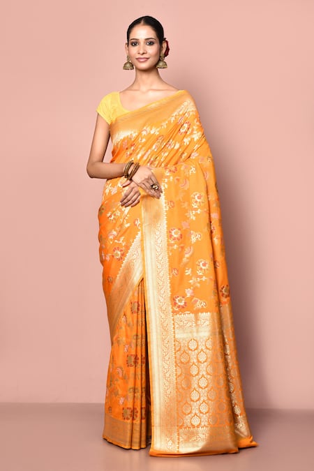 Nazaakat by Samara Singh Orange Saree Banarasi Silk Minedar Woven Floral Work With Running Blouse