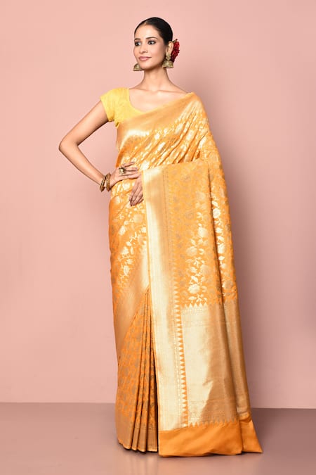 Nazaakat by Samara Singh Yellow Saree Banarasi Silk Woven Floral Vine Pattern With Running Blouse