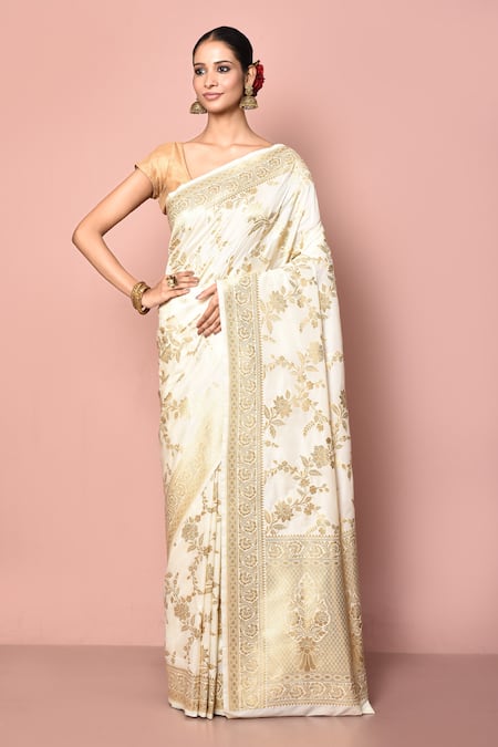 Nazaakat by Samara Singh White Saree Banarasi Silk Woven Floral With Running Blouse
