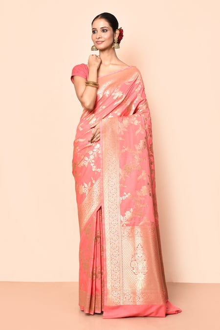 Nazaakat by Samara Singh Pink Saree Banarasi Silk Woven Floral Motif Work With Running Blouse