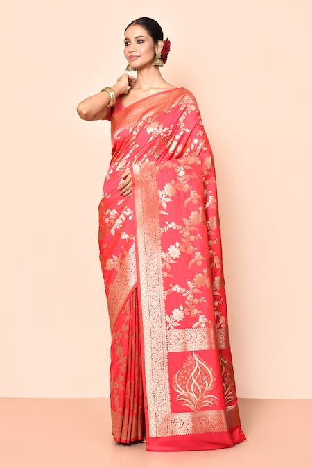 Nazaakat by Samara Singh Red Saree Banarasi Silk Woven Floral Work With Running Blouse