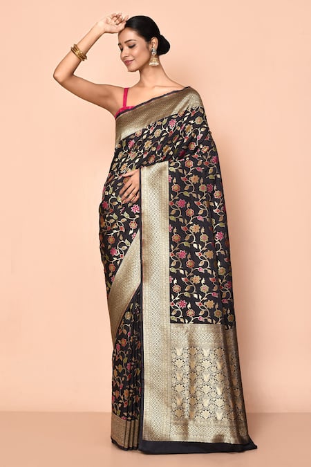 Nazaakat by Samara Singh Black Banarasi Silk Minedar Woven Flower Bloom Pattern Saree With Running Blouse