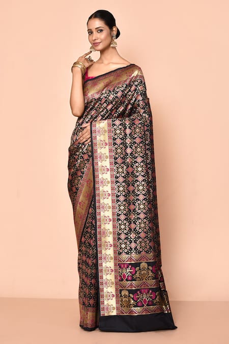 Nazaakat by Samara Singh Black Banarasi Silk Minedar Woven Geometric Pattern Saree With Running Blouse