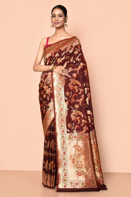 Nazaakat by Samara Singh Maroon Banarasi Silk Minedar Flower Blossom Pattern Saree With Running Blouse