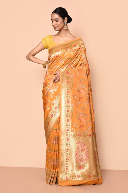 Nazaakat by Samara Singh Yellow Banarasi Silk Minedar Woven Floret Pattern Saree With Running Blouse