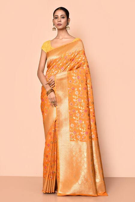 Nazaakat by Samara Singh Yellow Saree Banarasi Silk Minedar Woven Floral Jaal And With Running Blouse