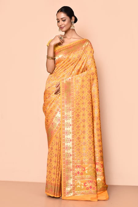 Nazaakat by Samara Singh Yellow Saree Banarasi Silk Minedar Woven Patola And Geometric With Running Blouse