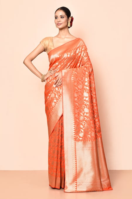 Nazaakat by Samara Singh Orange Saree Banarasi Silk Woven Floral Zari With Running Blouse Piece