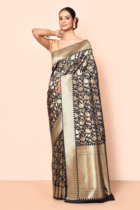 Nazaakat by Samara Singh Black Saree Banarasi Silk Woven Floral Jaal Zari With Running Blouse Piece