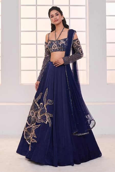 Beautifully designed lehenga choli with superb embroidery work en-crafted  in contrast matc… | Lehenga color combinations, Navy blue lehenga, Blue  color combinations