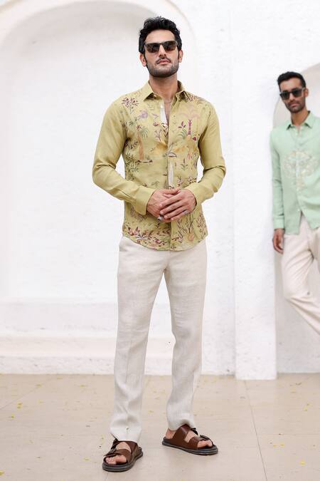 Asuka_Green Linen Embroidery Irish Floral Shirt _at_Aza_Fashions