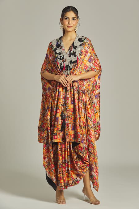 Shop Anamika Khanna Multi Color Silk Diamonds Collage Print Cape With Skirt at Aza Fashions Shop_Anamika Khanna_Multi Color Silk Diamonds Collage Print Cape With Skirt_at_Aza_Fashions