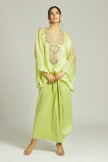Buy_Anamika Khanna_Green Silk, Organza Sequins, Zari, Beads Embroidered Yoke Kurta Draped Skirt Set 