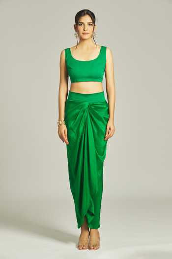 Buy_Anamika Khanna_Emerald Green Silk Pearls, Zari Floral Embroidered Kurta Draped Skirt Set 