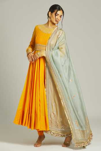 Shop_Anamika Khanna_Yellow Silk Zari, Sequins, Beads, Embroidery Zardozi Anarkali Churidar Set _Online_at_Aza_Fashions