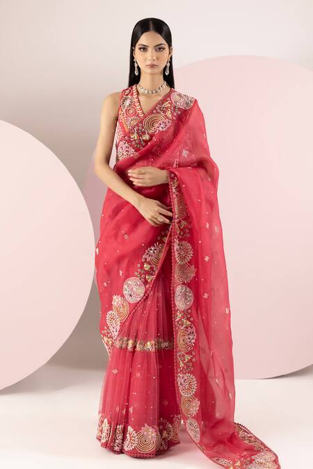 Sonia Bansal Red Organza Embroidery Resham V Neck Pearl And Saree With Blouse 